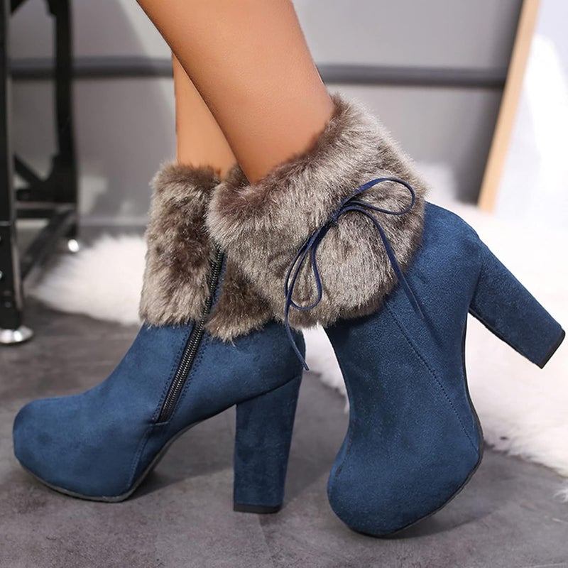 woobles Winter Boot for Women,Women Round Toe Platform Booties Ladies Cute Chunky High Heel Snow Ankle Boot Wedge Zipper Slip On Boot Causal Walking Dress Shoe (Blue, 9) - Image 2